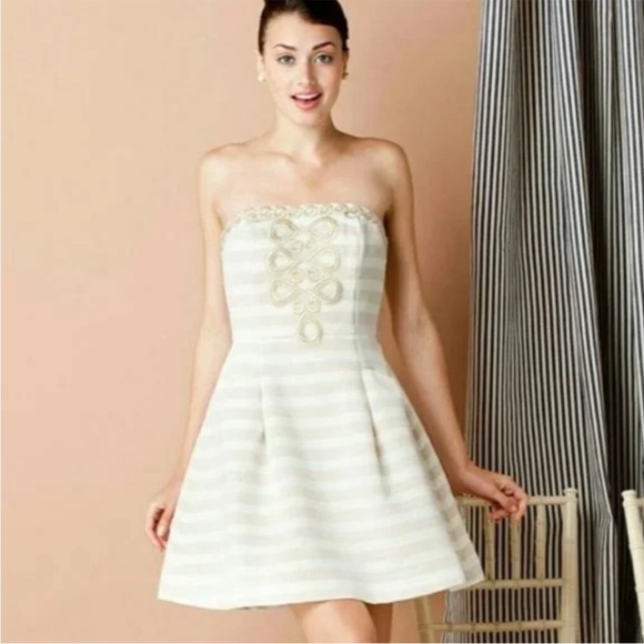 Lilly Pulitzer Blossom Cream Gold Striped Embroidered Strapless Silk Dress - Picture 3 of 10